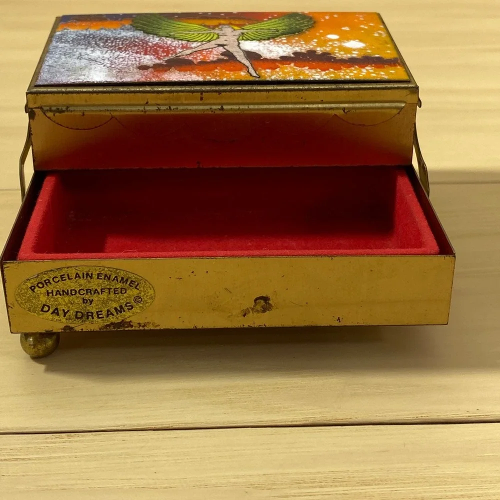 Vintage Day Dreams Handcrafted Porcelain‎ Enamel Jewelry Box Winged Woman Brass